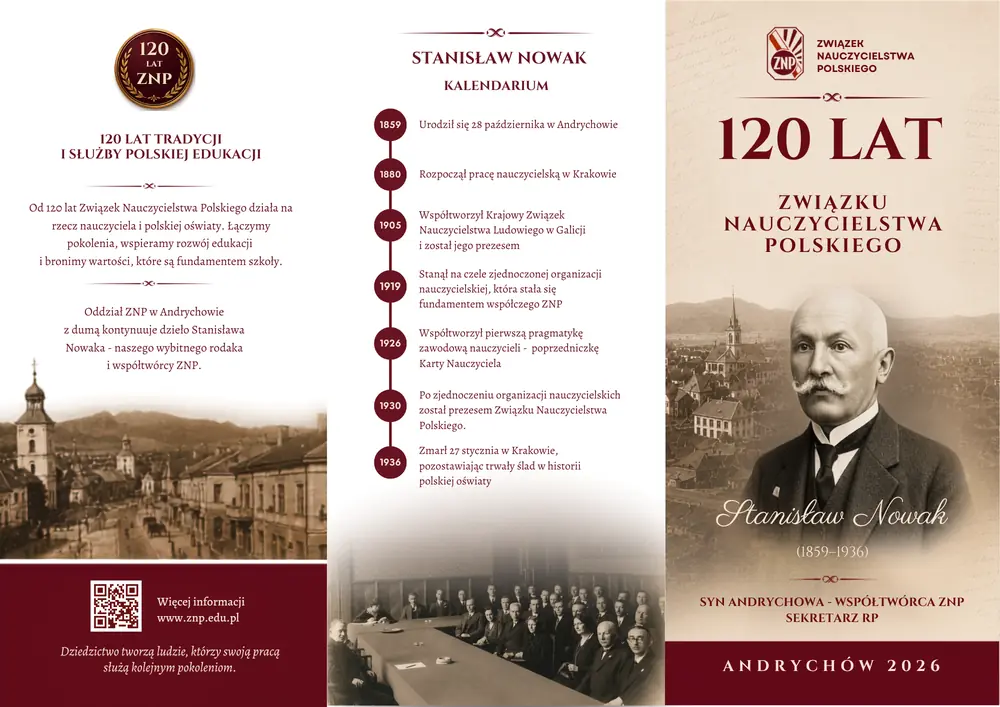 Pomniejszony podgląd zewnętrznej strony ulotki jubileuszowej: 120 lat ZNP, kalendarium Stanisława Nowaka i okładka z jego wizerunkiem